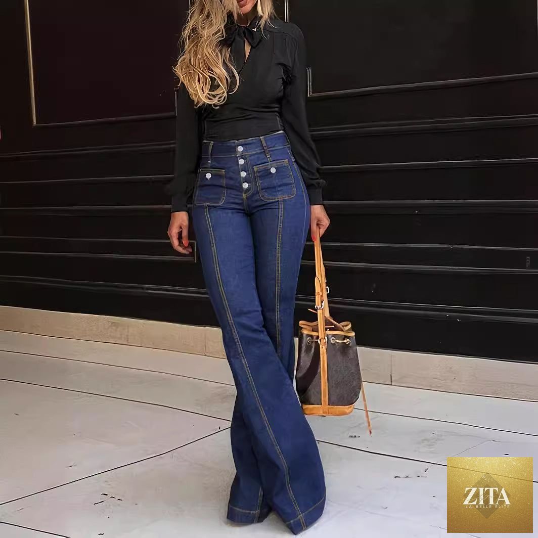 Women's patchwork slim fit flared jeans by The Fashion Celestial, showing stretch denim with patchwork design and fitted silhouette.