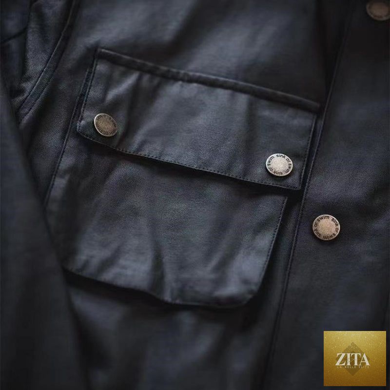 Men's oil wax trench coat with retro biker style, waterproof jacket from Social Buzz eSIMs, featuring a classic design and durable fabric.