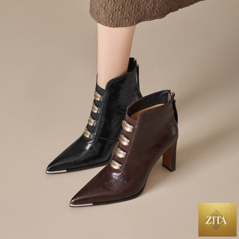Women's satin pointed toe chunky heel short boots by FitiqueFit featuring ultra high heel and sleek design.