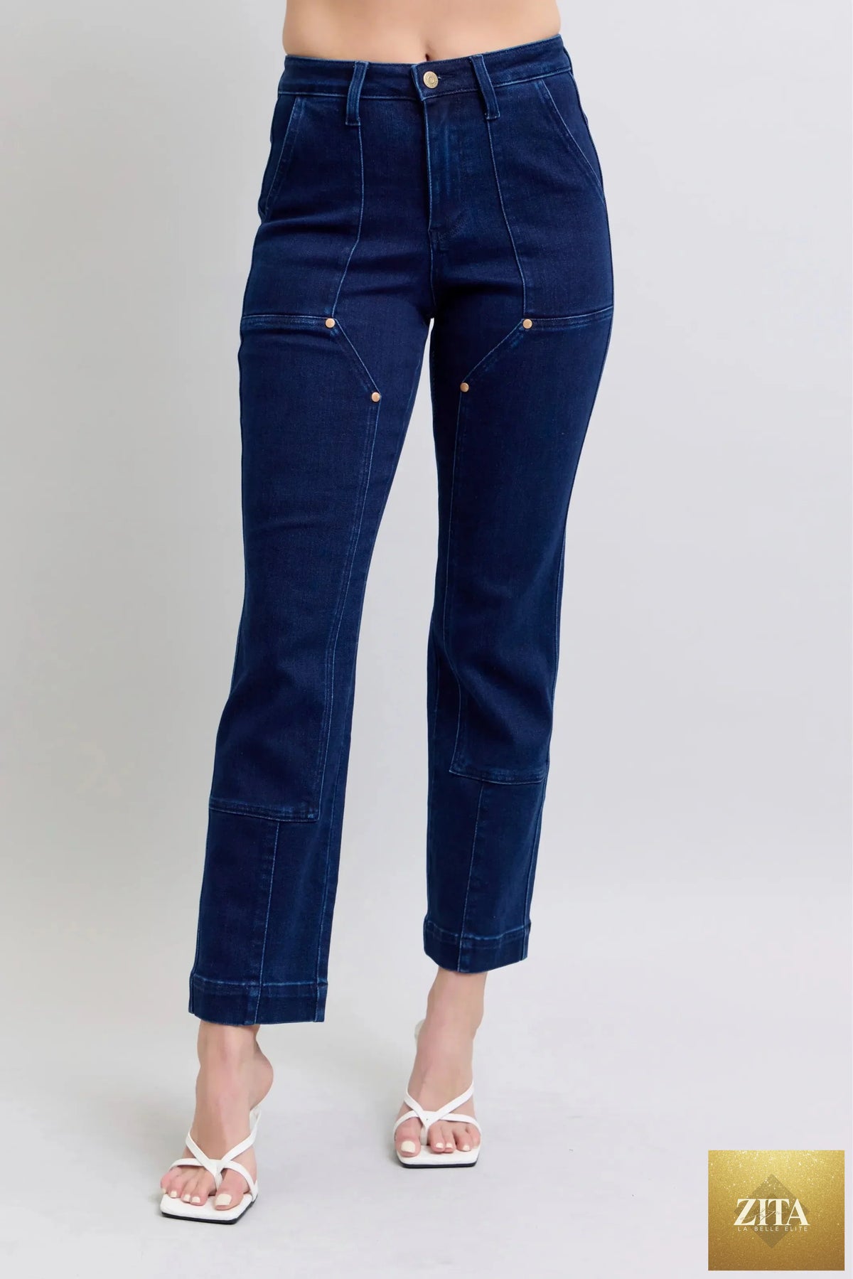 Wild and Free Boutique Judy Blue full size work wear knee patch straight jeans, plus size denim bottoms with knee patch detail.
