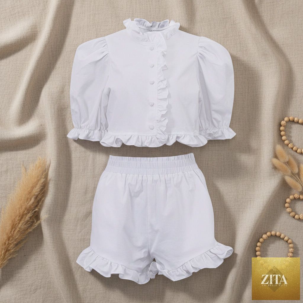 Women's linen-blend ruffled cropped blouse and shorts set by Zita La Belle Elite, featuring ruffle details and a relaxed fit.