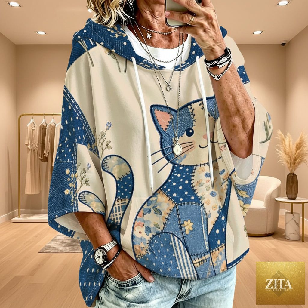 Women's Graphic Print Drawstring Hoodie – Three-Quarter Sleeves