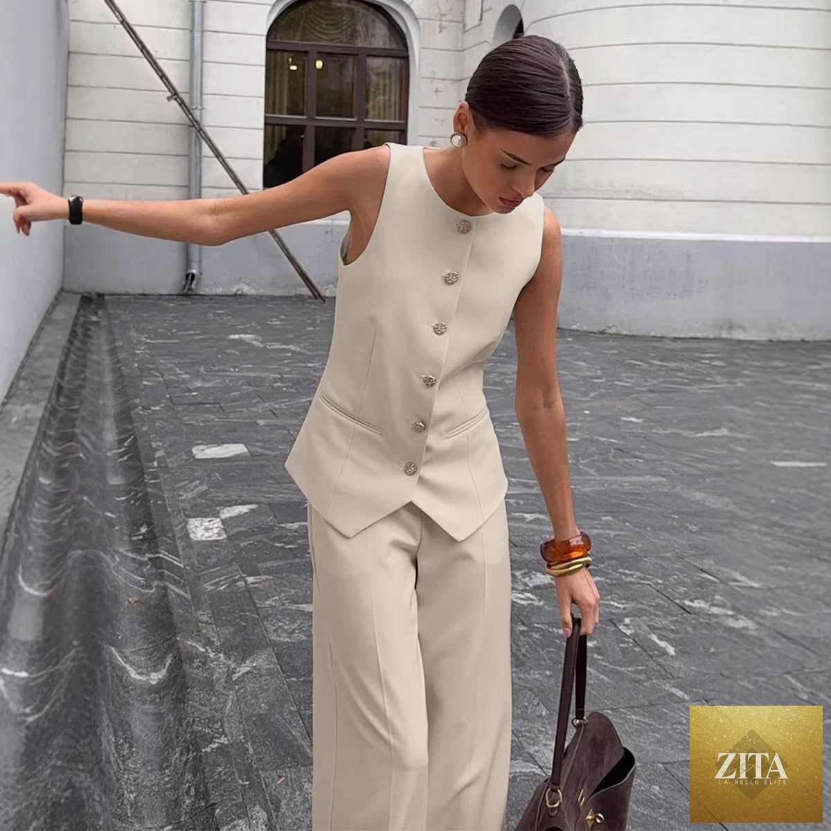 Zita La Belle Elite women's casual sleeveless vest and wide-leg pants set, stylish office 2-piece ensemble, front view.