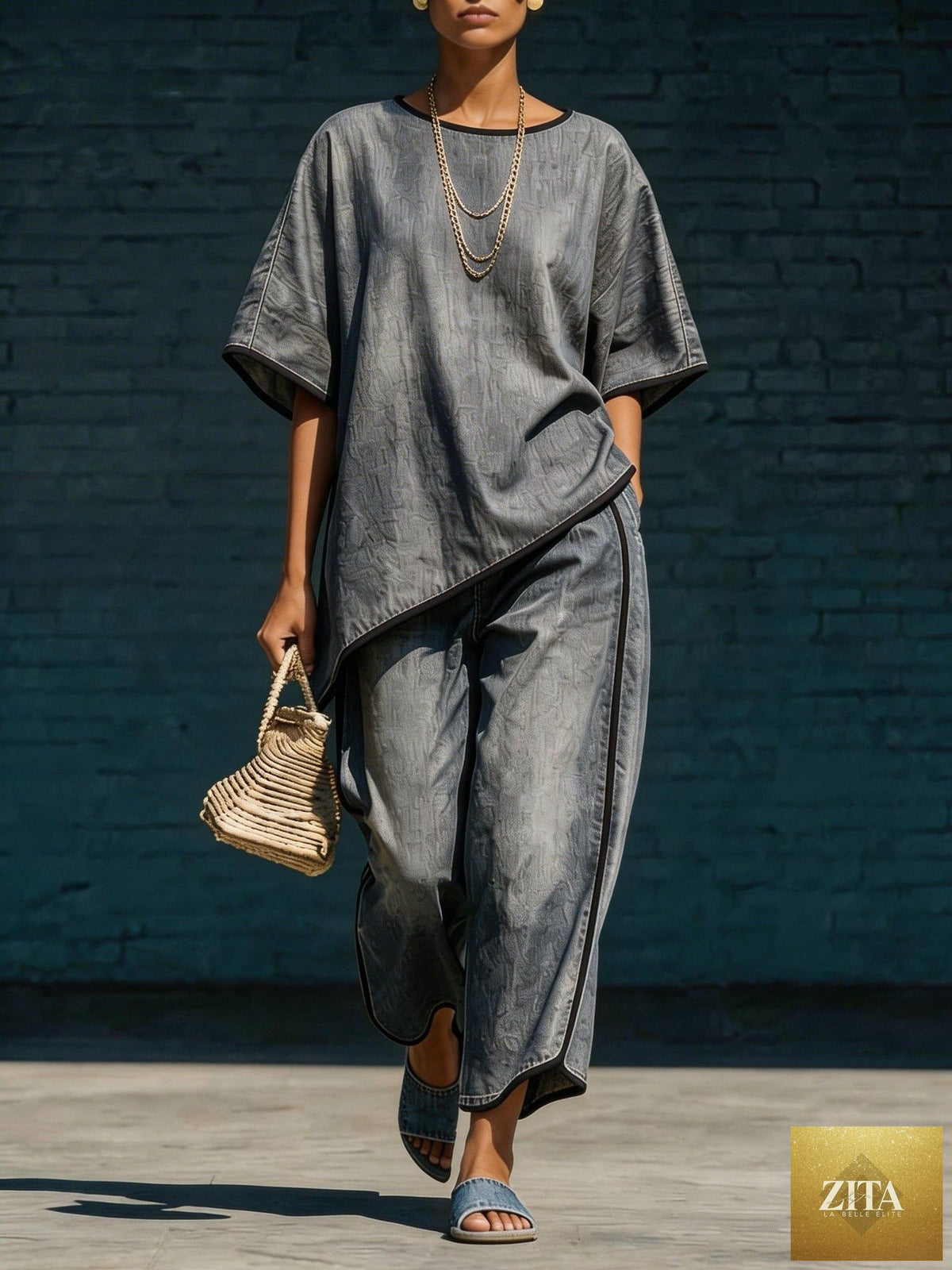 Zita La Belle Elite women's casual denim-style knit top and wide-leg pants set, featuring a relaxed fit and stylish design.