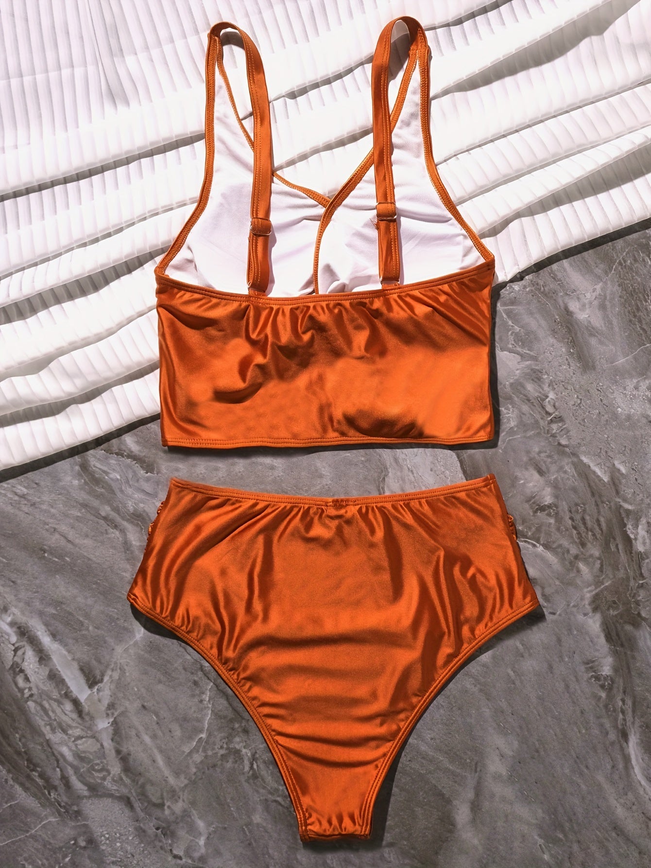 Stevvex black high waist bikini set with twist front, V neck, ruched tummy control, and cross strap detail on stretchy quick-dry polyamide swimwear.