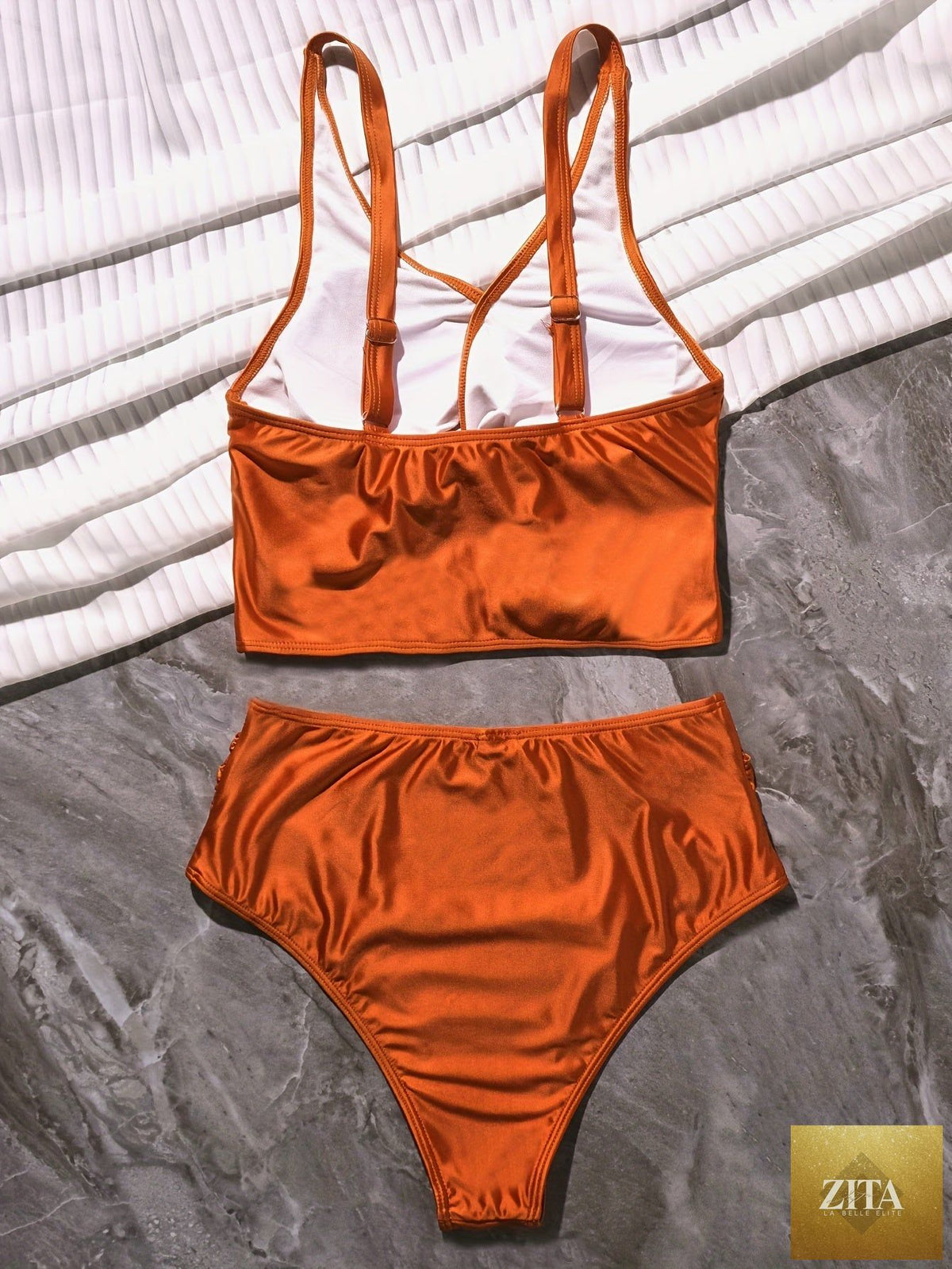 Black Stevvex bikini set with twist front, high waist, ruched tummy control, and cross strap detail, quick-drying polyamide swimwear.
