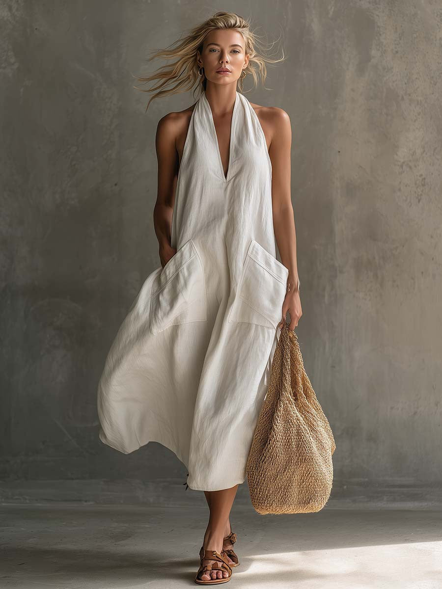 Women's retro V-neck slip dress by FitiqueFit, loose fit sleeveless casualwear with a vintage-inspired design.