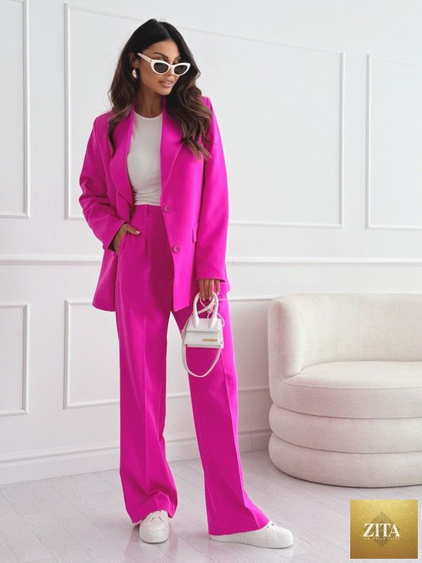 Women's FitiqueFit professional blazer and trousers suit set with long sleeves, full-length pants, and tailored fit.