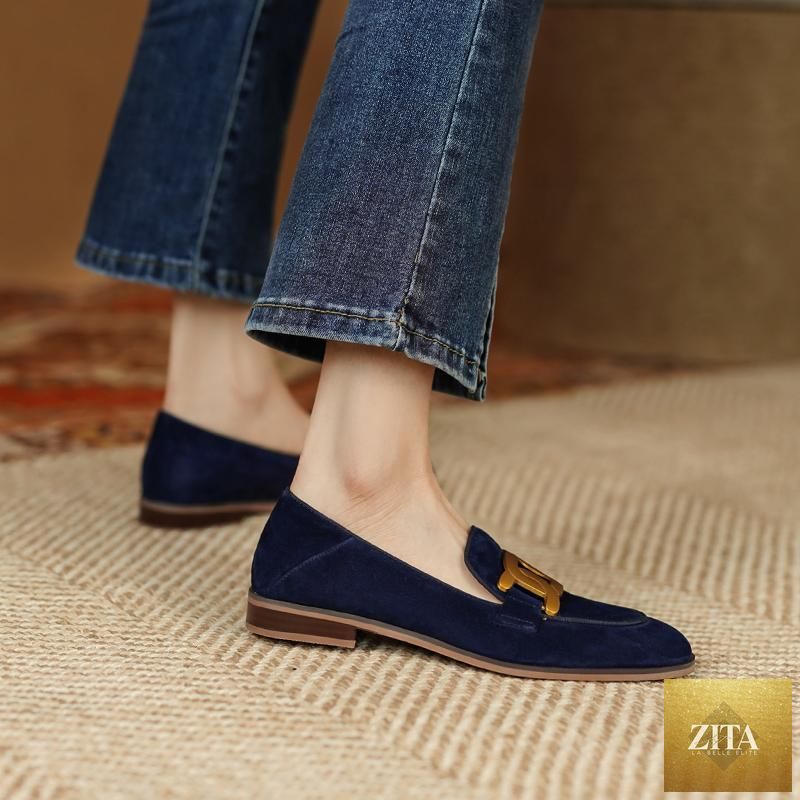 Women's retro suede loafers with metal buckle, platform chunky heel, slip-on design by FitiqueFit.