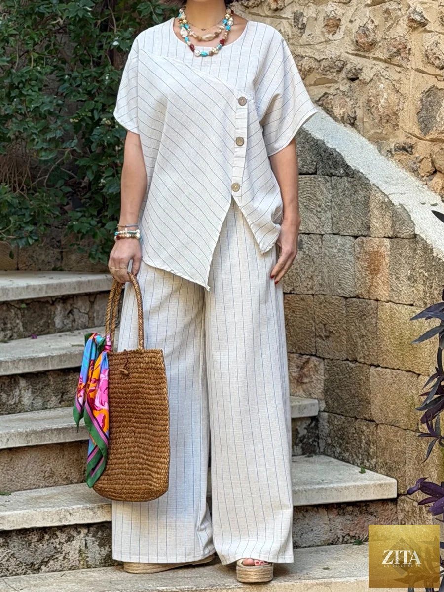 Zita La Belle Elite striped shirt and loose pants two-piece casualwear set with three-quarter sleeves, comfortable and stylish.