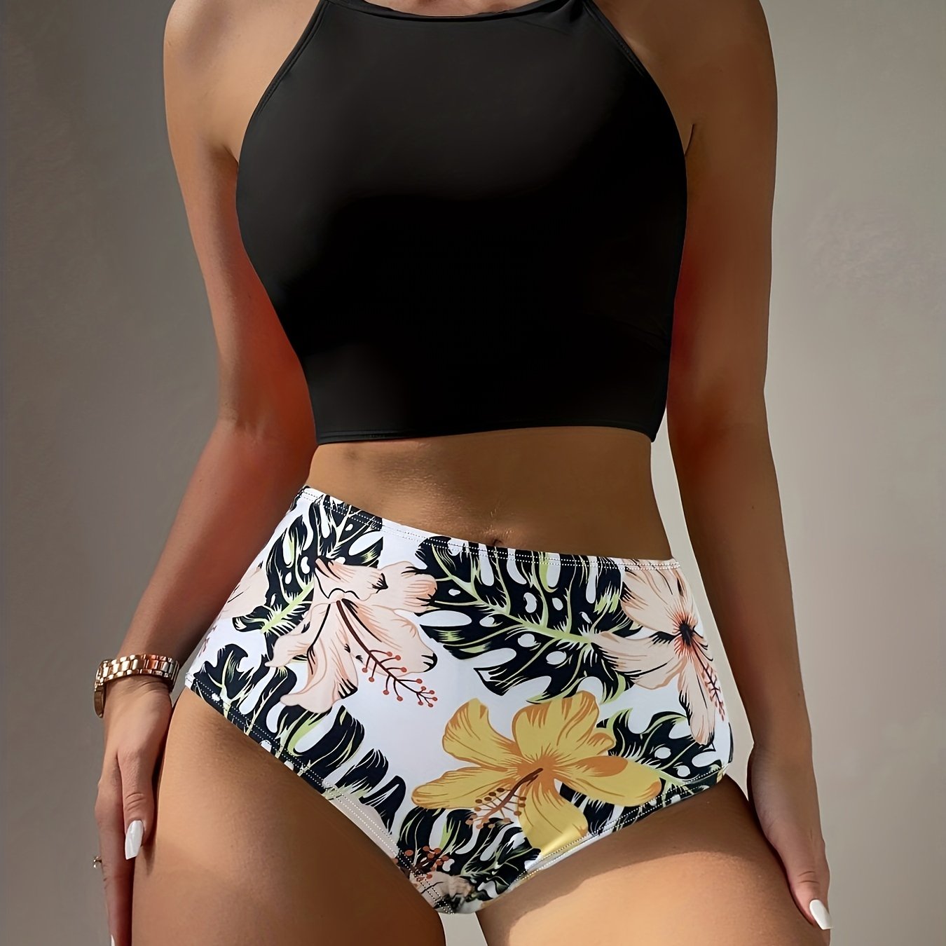 Stevvex Island Bloom high waist bikini set with tropical print, colorblock design, round neckline, and applique detail for summer swimwear.