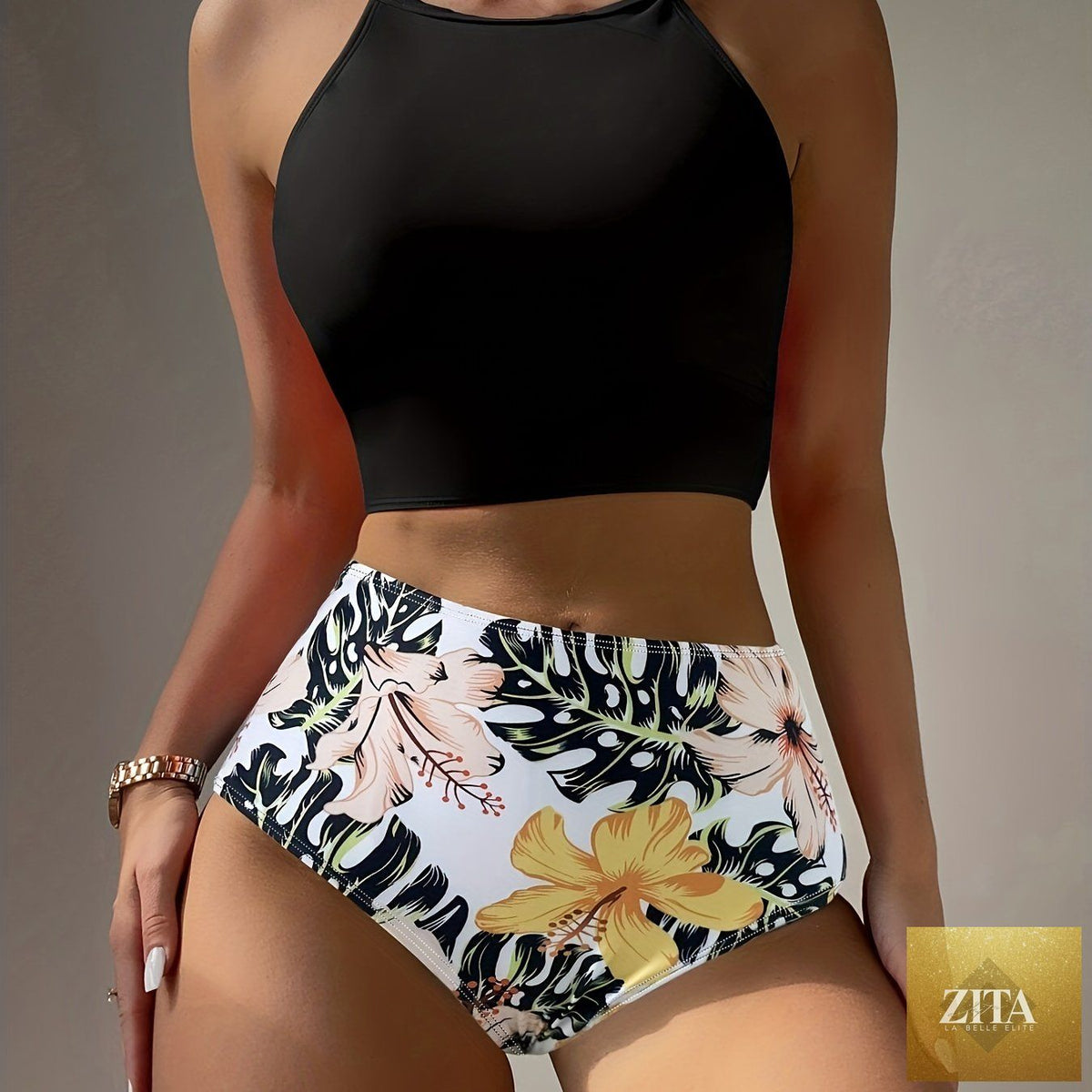 Stevvex Island Bloom high waist bikini set with tropical print, colorblock design, round neckline, and applique detail for summer swimwear.