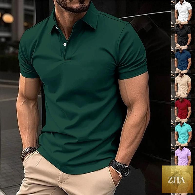Mandotos men's summer short sleeve polo shirt in solid color with button lapel and classic fit, perfect for casual wear.