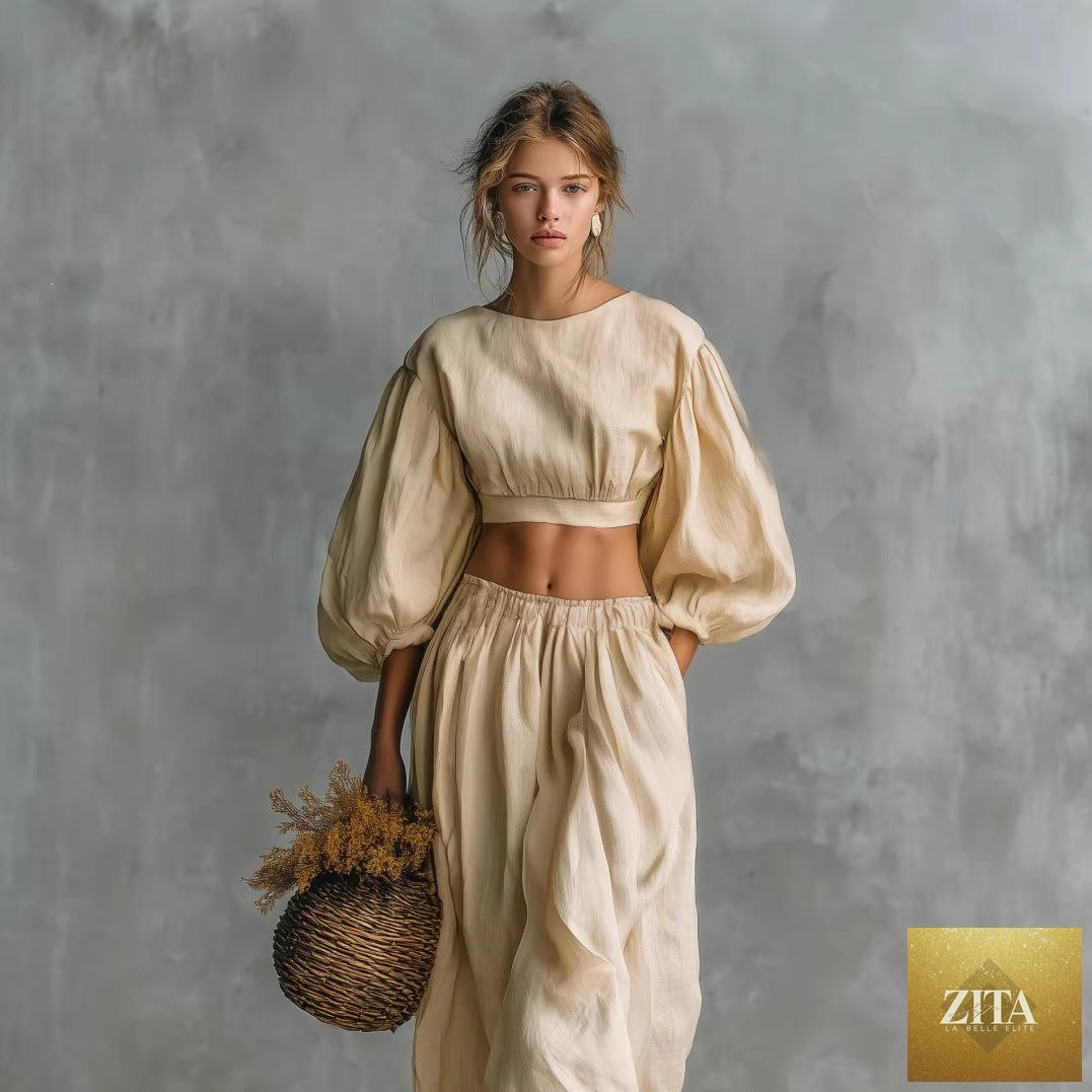 Women's puff-sleeve crew-neck two-piece casualwear set with pockets by Zita La Belle Elite, shown on a model.