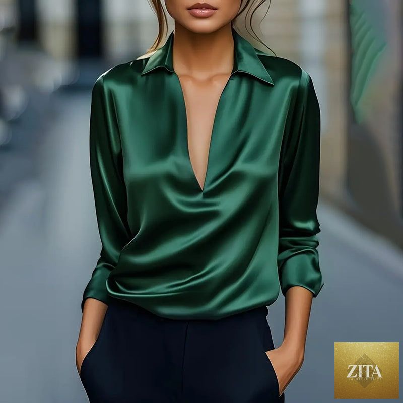 Elegant women's V-neck long sleeve blouse with satin sheen by FitiqueFit, perfect for casual and formal occasions.
