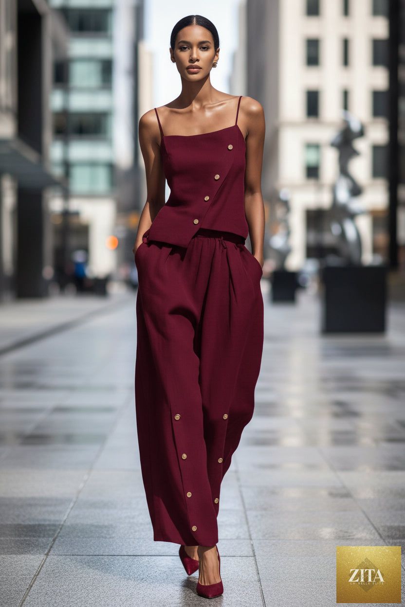 Women’s gold-buckle camisole and pants two-piece casualwear set by Zita La Belle Elite, featuring a stylish gold buckle detail.