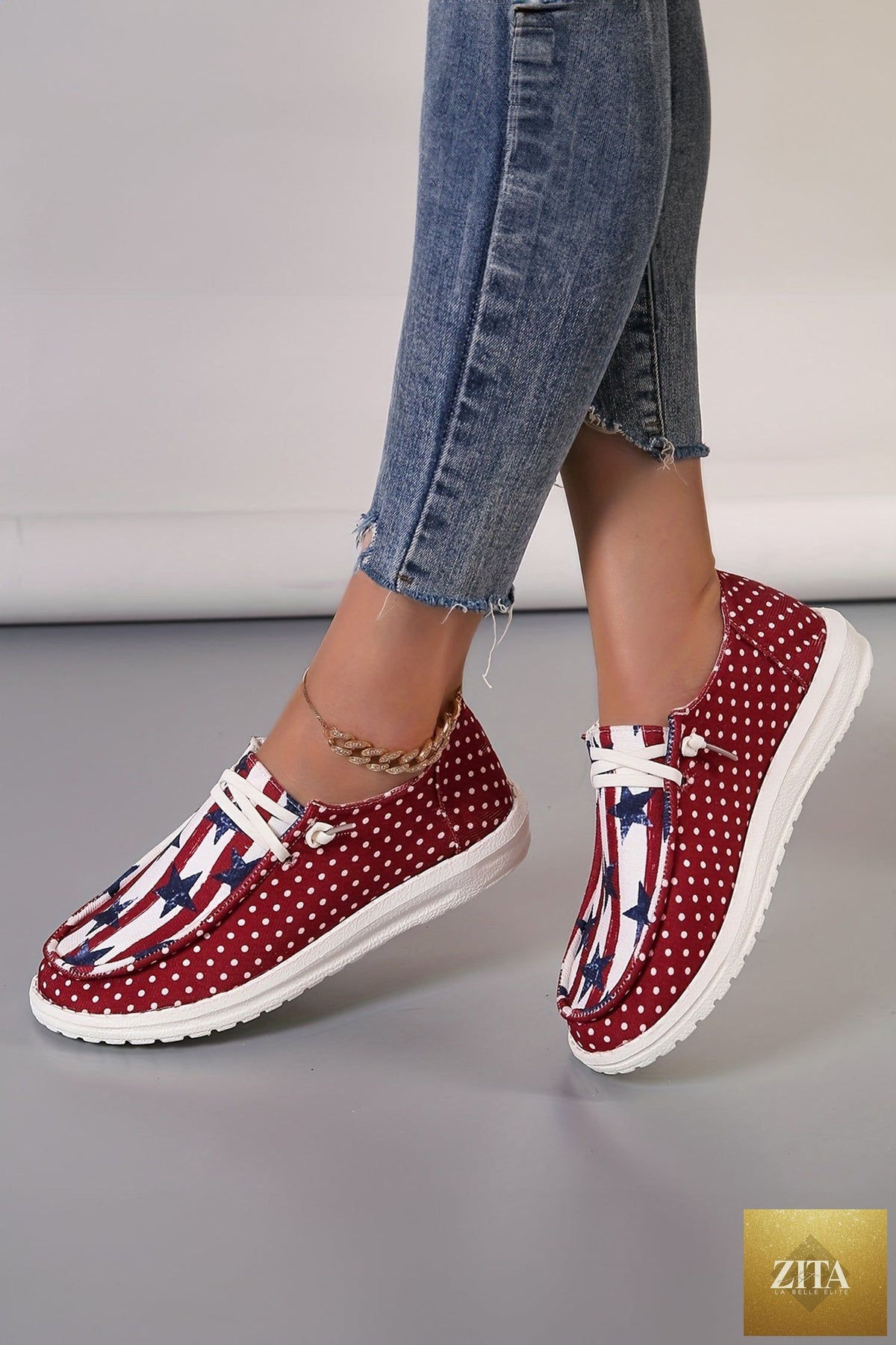 Women's casual shoes by Wild and Free Boutique featuring red polka dots, stars, and stripes design for Independence Day celebrations.