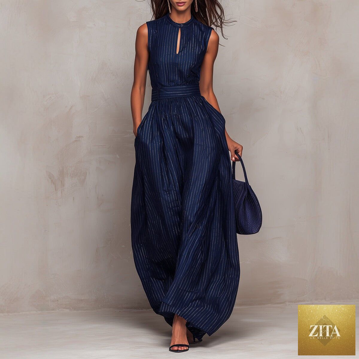 Women's sleeveless striped wide-leg jumpsuit with pockets by Zita La Belle Elite, casual wear, shown on a model.