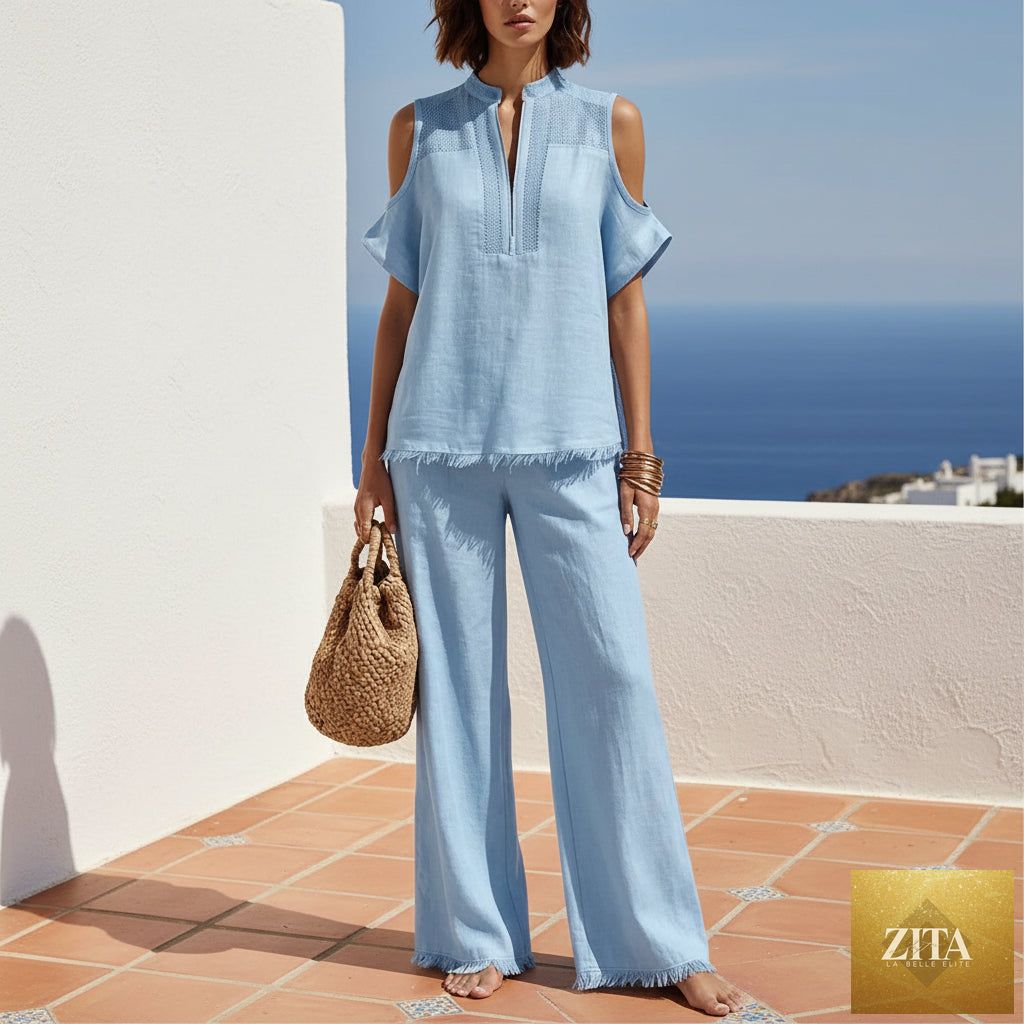 Zita La Belle Elite women's off-shoulder linen blend short-sleeve pantsuit set, two-piece with relaxed fit and stylish design.