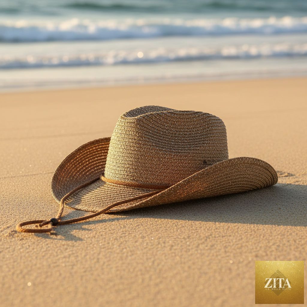 Women's Panama straw woven sun hat by Zita La Belle Elite with windproof design and sequin details, perfect for beach or outdoor wear.