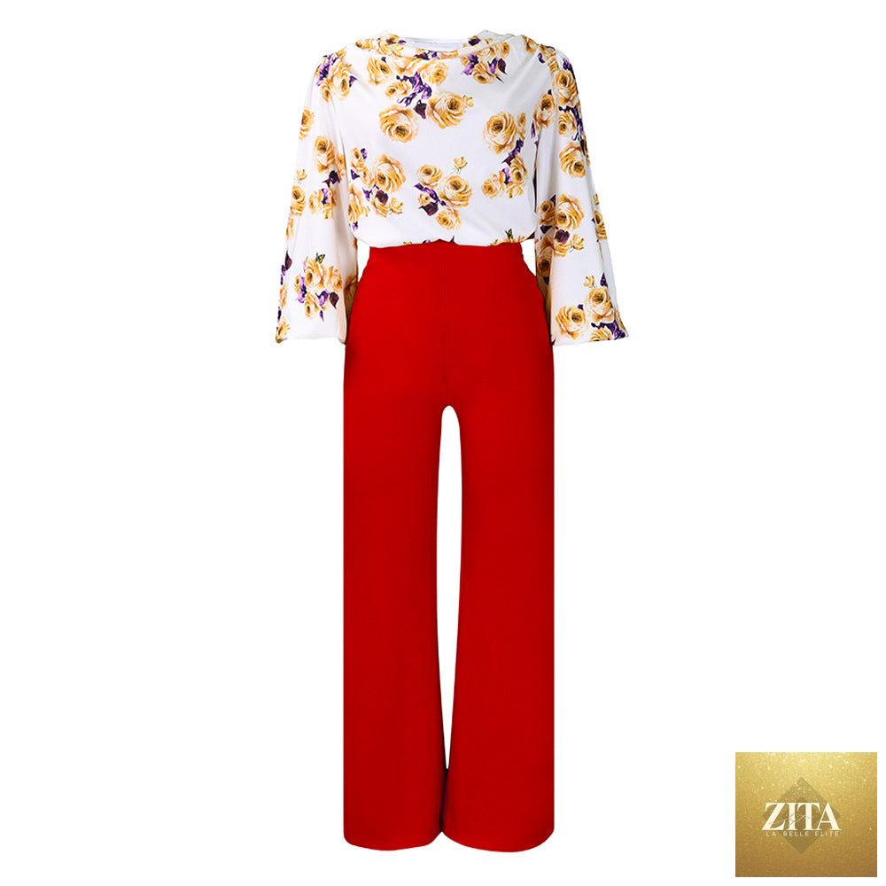 Printed floral lace-up top and wide-leg pants casualwear set by Zita La Belle Elite in four colors, available in S–3XL.