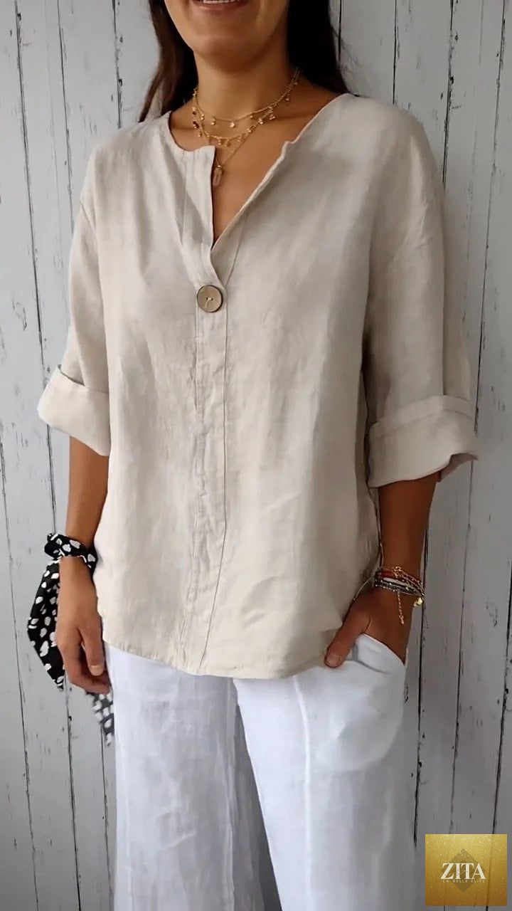 Women's V-neck long-sleeve button top by Zita La Belle Elite, loose fit casual blouse, shown in a relaxed, stylish fit.