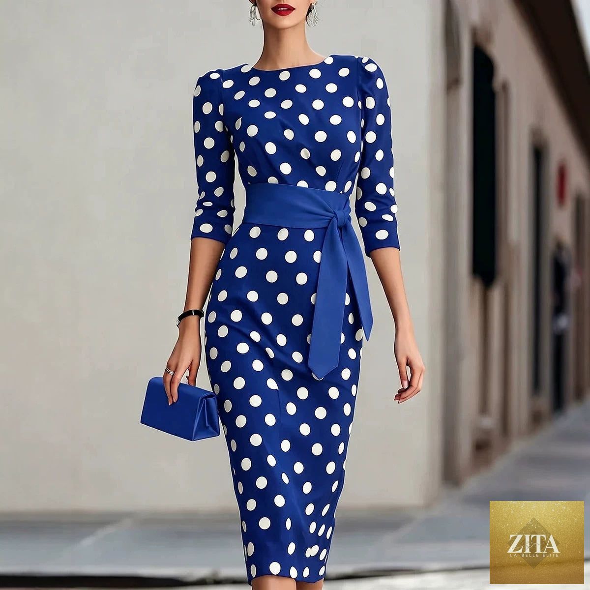 Women's retro polka-dot bodycon midi dress by Zita La Belle Elite, featuring a belt and cross-tie, perfect for casualwear.