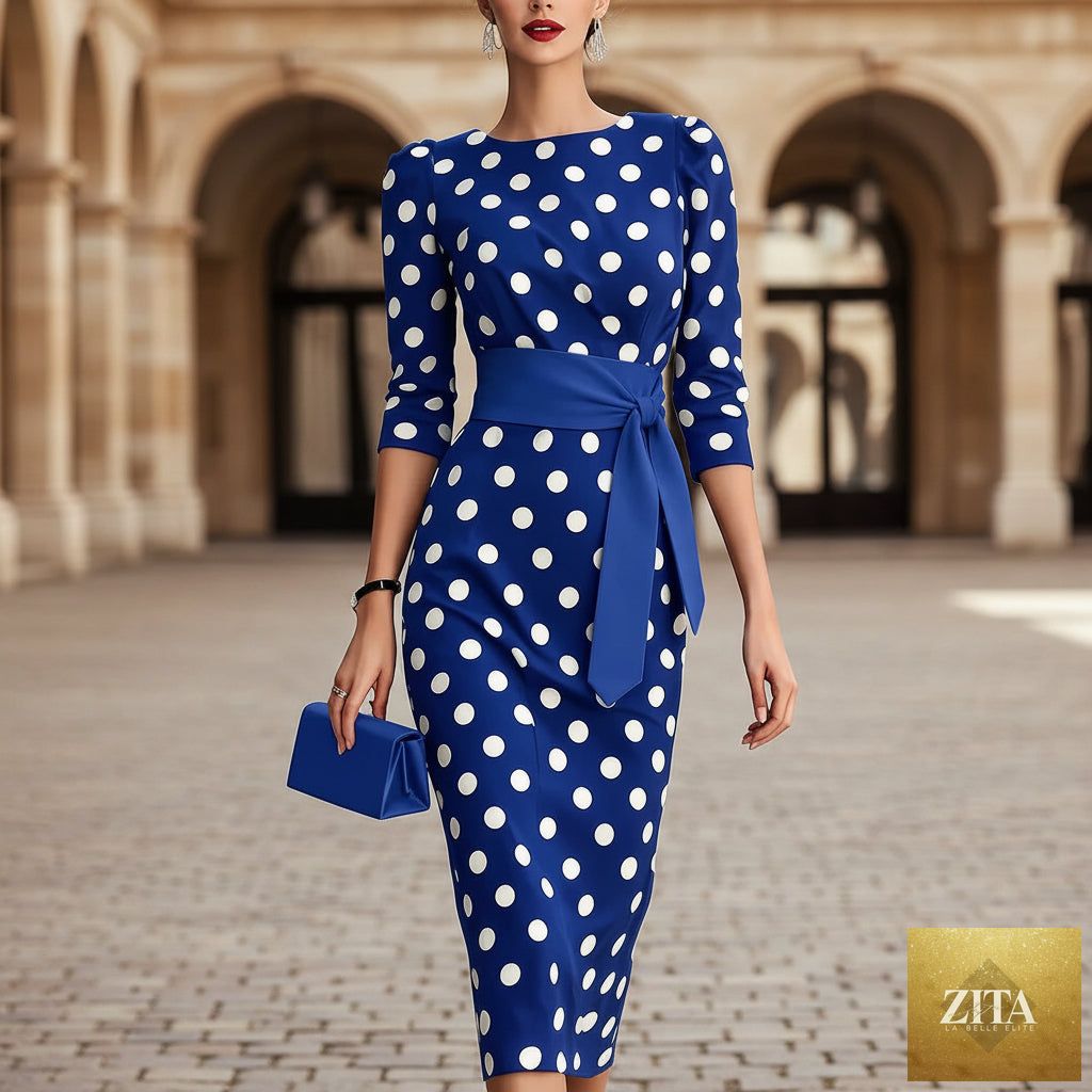 Women's retro polka-dot bodycon midi dress by FitiqueFit featuring a belt and cross-tie, casualwear style with a fitted silhouette.