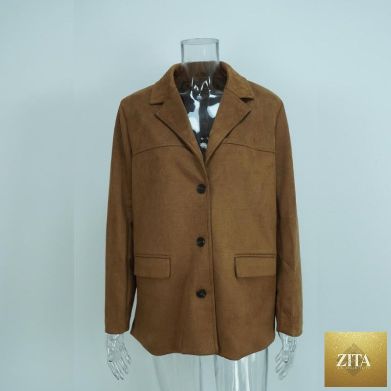 Plus size women's solid color blazer jacket by FitiqueFit, tailored fit with lapels and long sleeves, ideal for professional or casual wear.