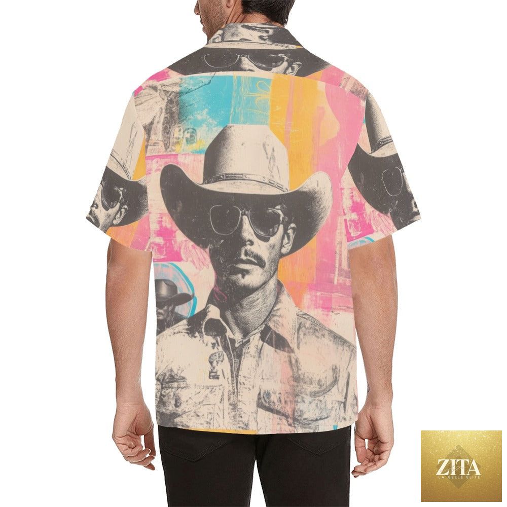 Retro Pop Western Cool Cowboy men's camp shirt by Baha Ranch Western Wear, featuring bold western-inspired design and vibrant colors.