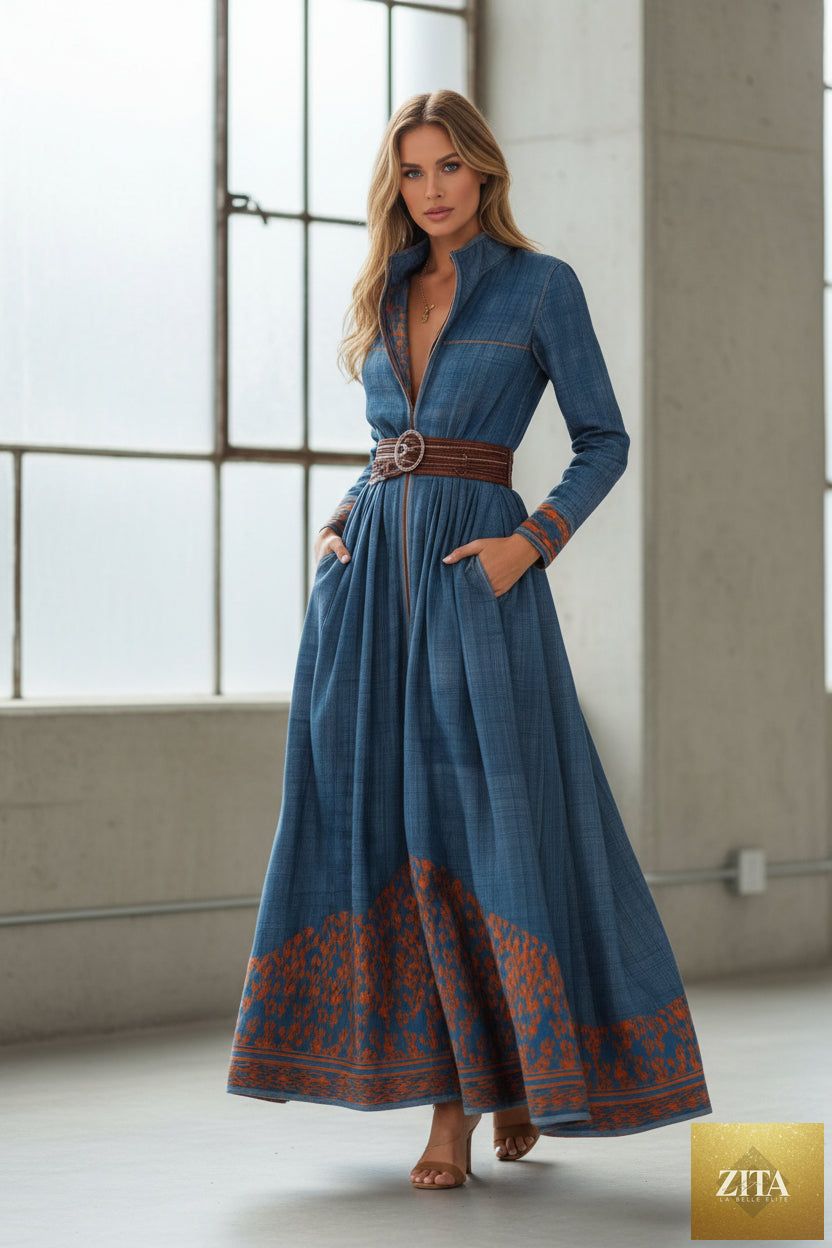 Color-blocked floral patterned stand collar long dress by FitiqueFit, casualwear with vibrant colors and elegant design.