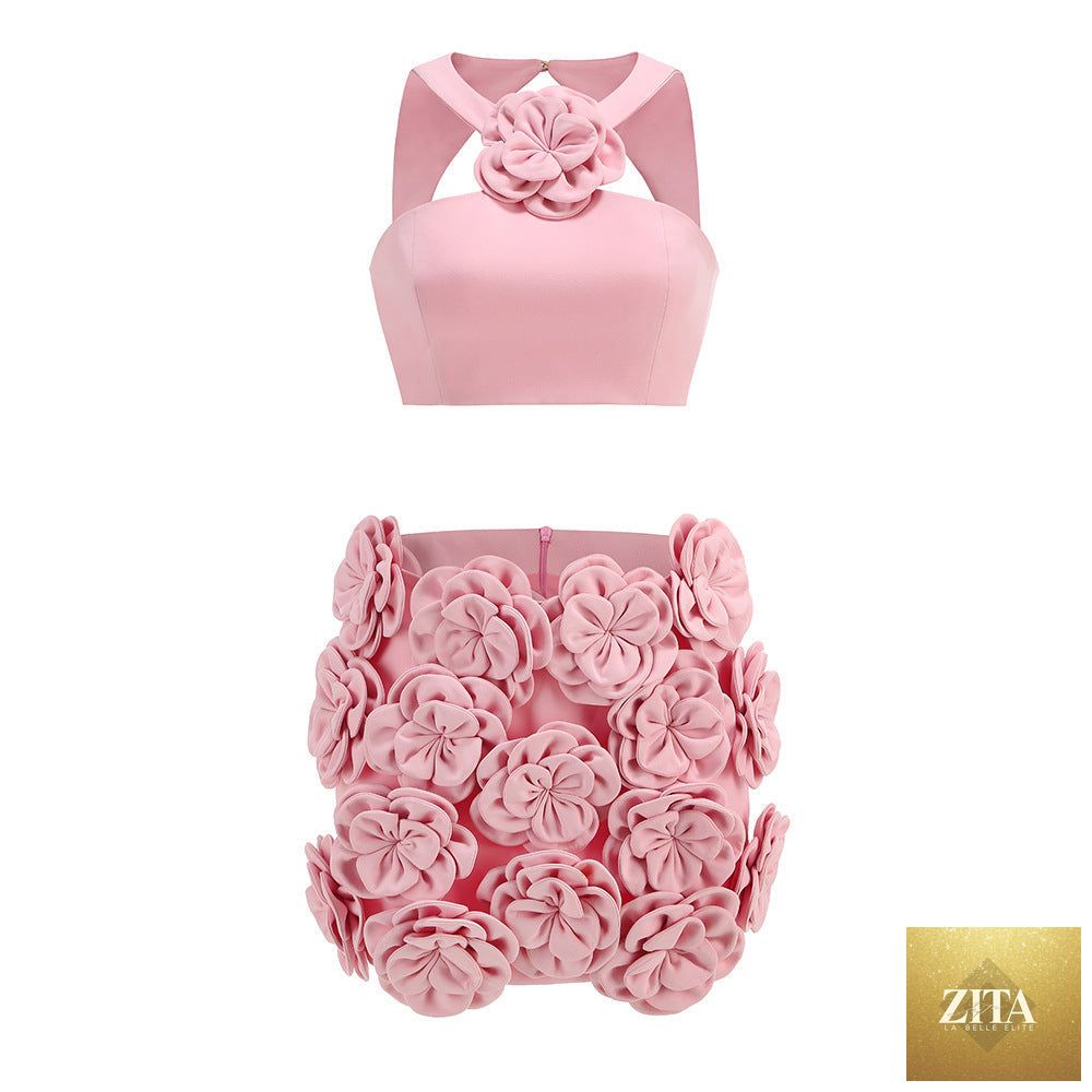 Zita La Belle Elite fashion dress with halter top, decorative flower skirt, perfect for stylish occasions.