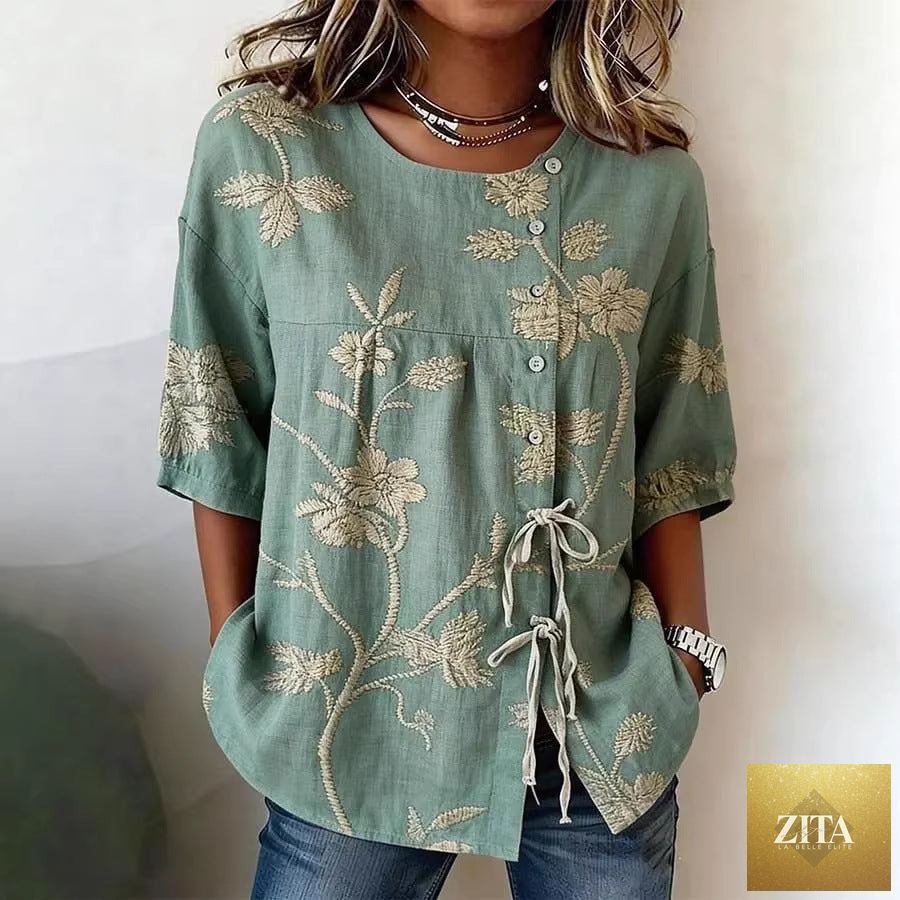 Women's floral 3D print pullover top by FitiqueFit, loose fit casualwear with elegant floral design in size S to 3XL.