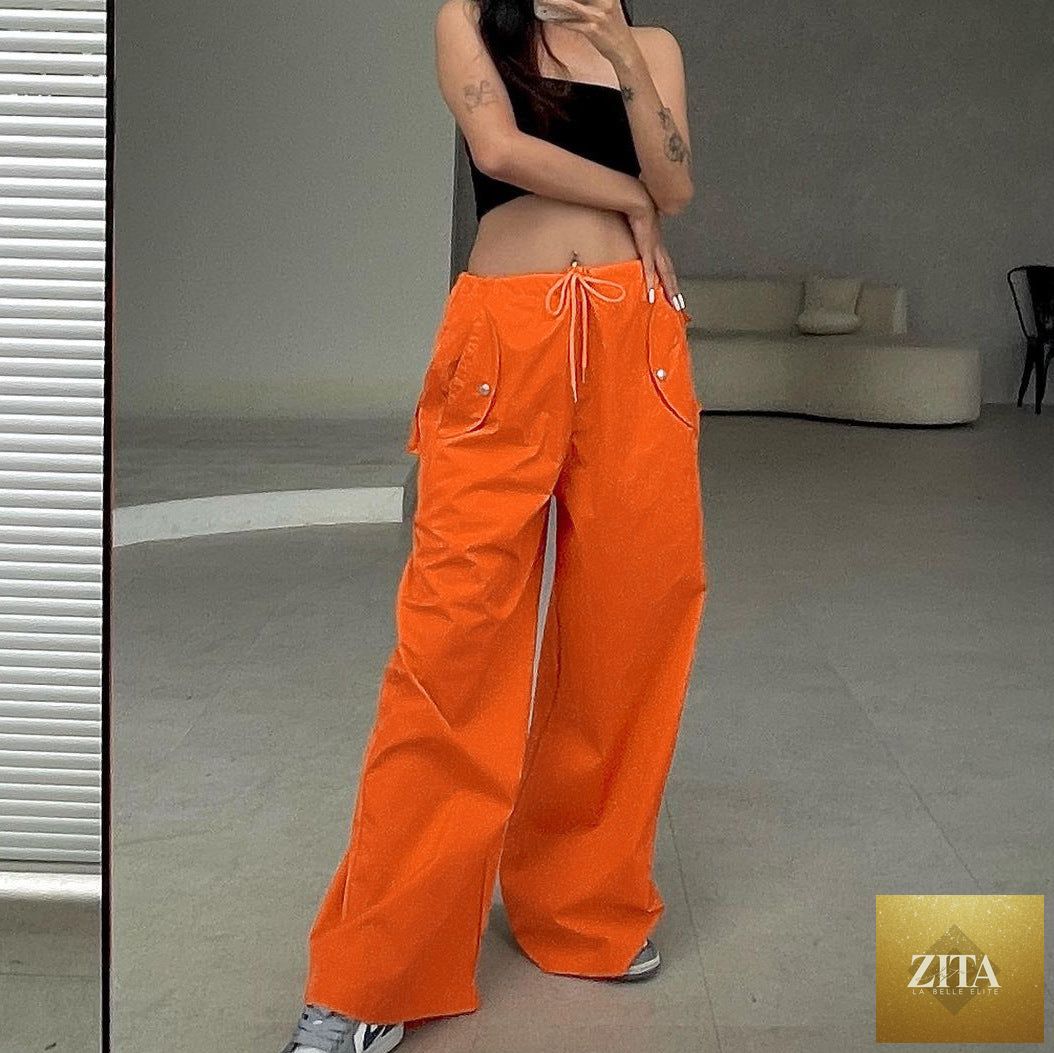 Women's high-waist lace-up straight-leg cargo pants by Zita La Belle Elite, featuring a loose fit and casual style.