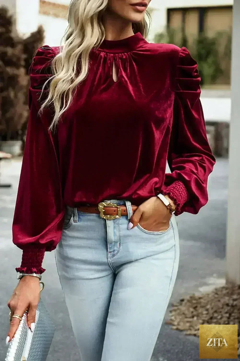 Fiery red velvet blouse with mock neck and puff sleeves from Femstylo, stylish tops and blouses for elegant fashion.