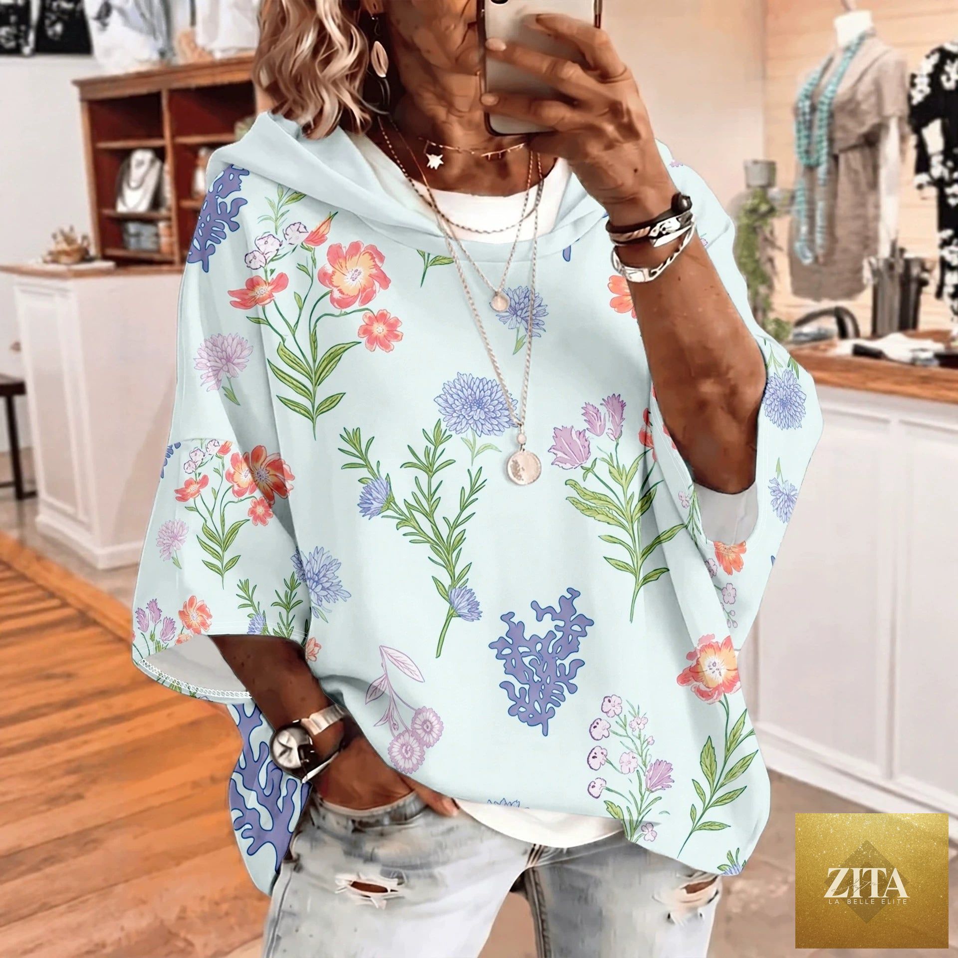 Women's Graphic Print Drawstring Hoodie – Three-Quarter Sleeves