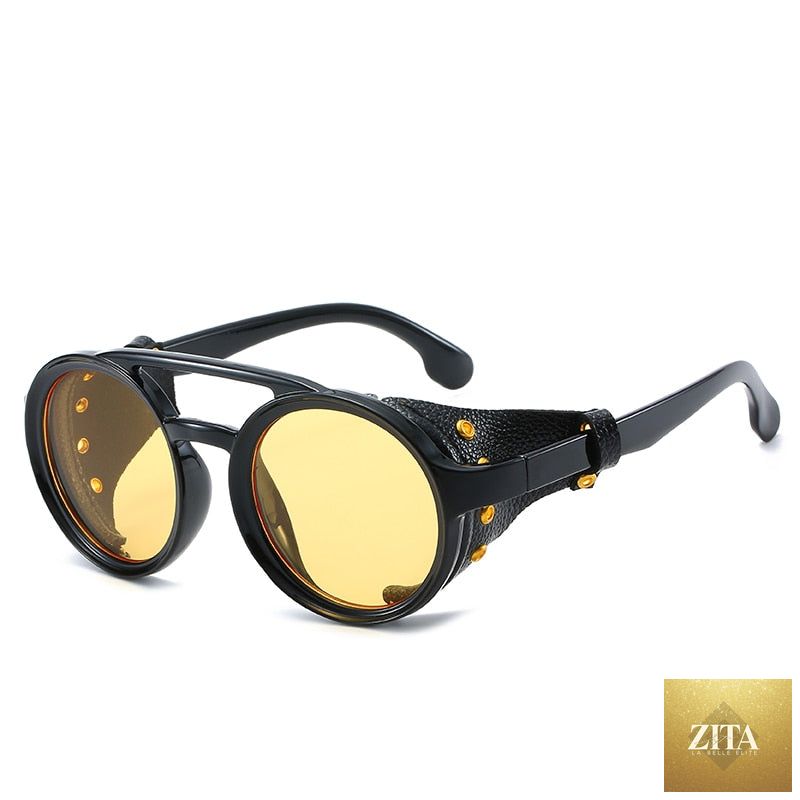 Round steampunk sunglasses by FitiqueFit with vintage-inspired metal frames and intricate design details.