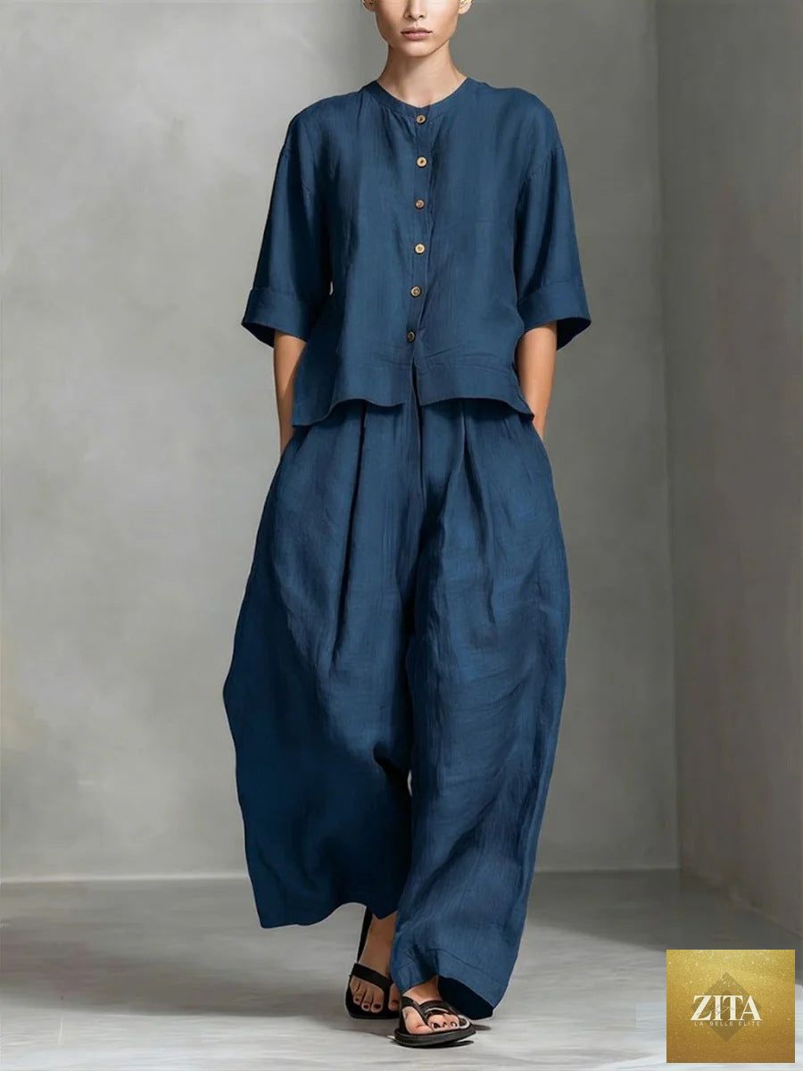 FitiqueFit three-quarter sleeve shirt and loose trousers two-piece set, featuring lightweight fabric and relaxed fit for casual wear.