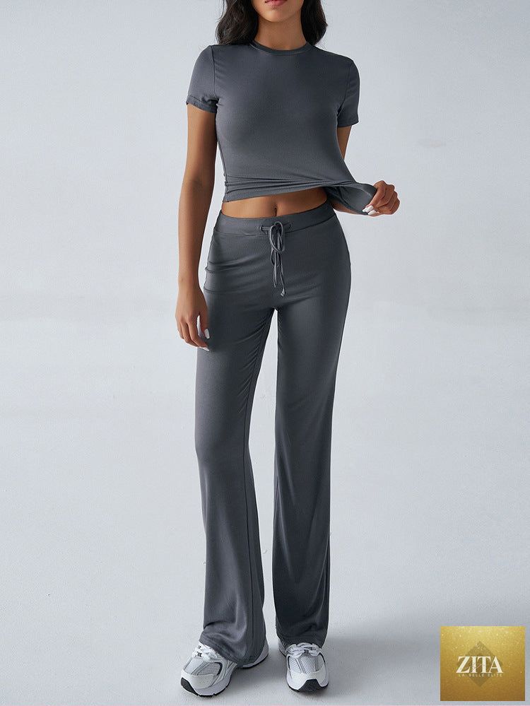 Zita La Belle Elite crew neck short sleeve top and full-length pants set in solid color, available in 10 vibrant hues.
