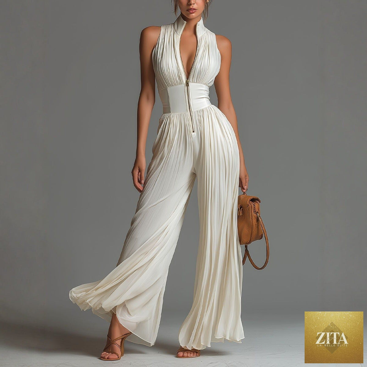 Sleeveless pleated wide-leg high-waist jumpsuit for women by FitiqueFit, featuring a minimalist long design and relaxed fit.