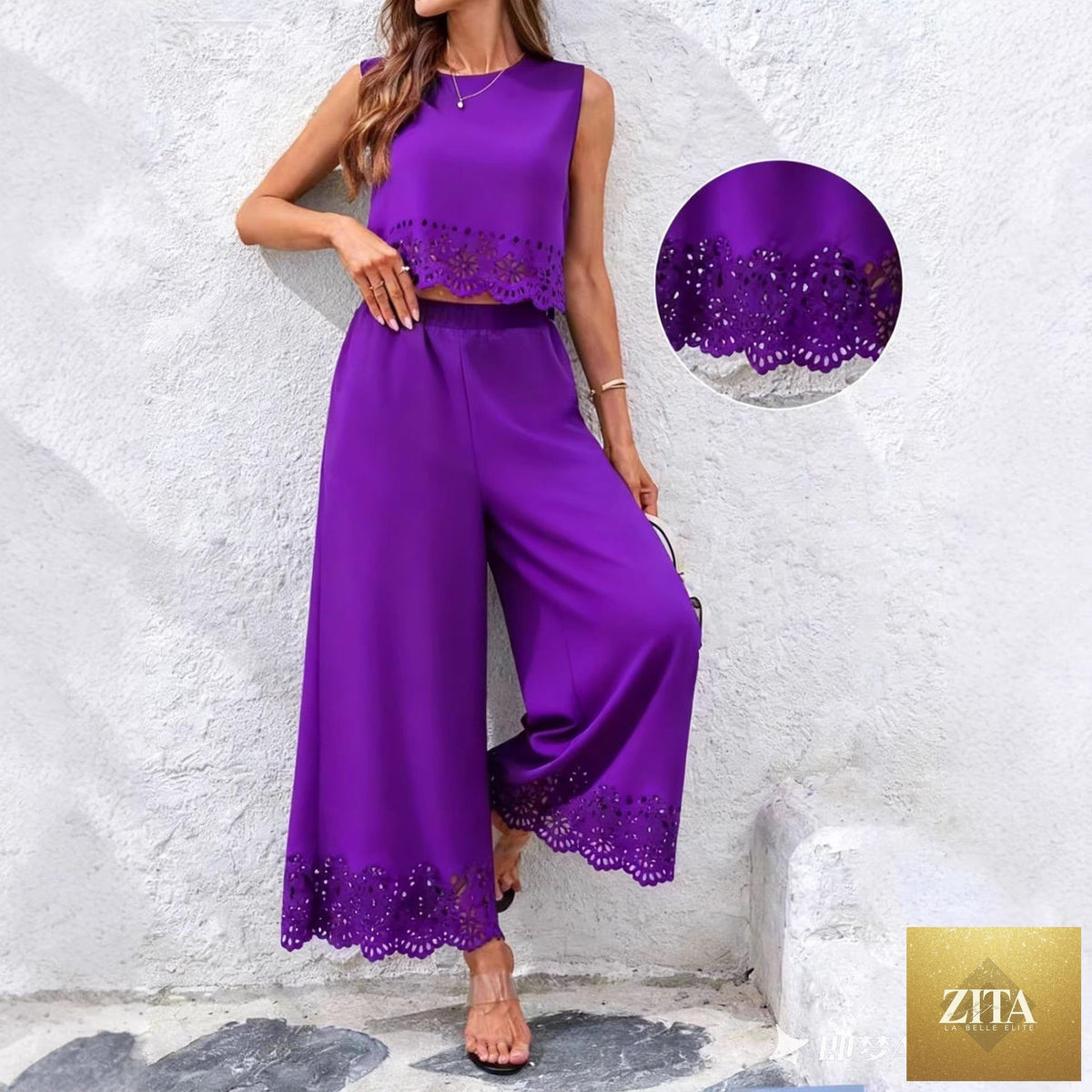 Women's casualwear Zita La Belle Elite hollow-out tank top and pants set with pockets, featuring a stylish resort-style design.