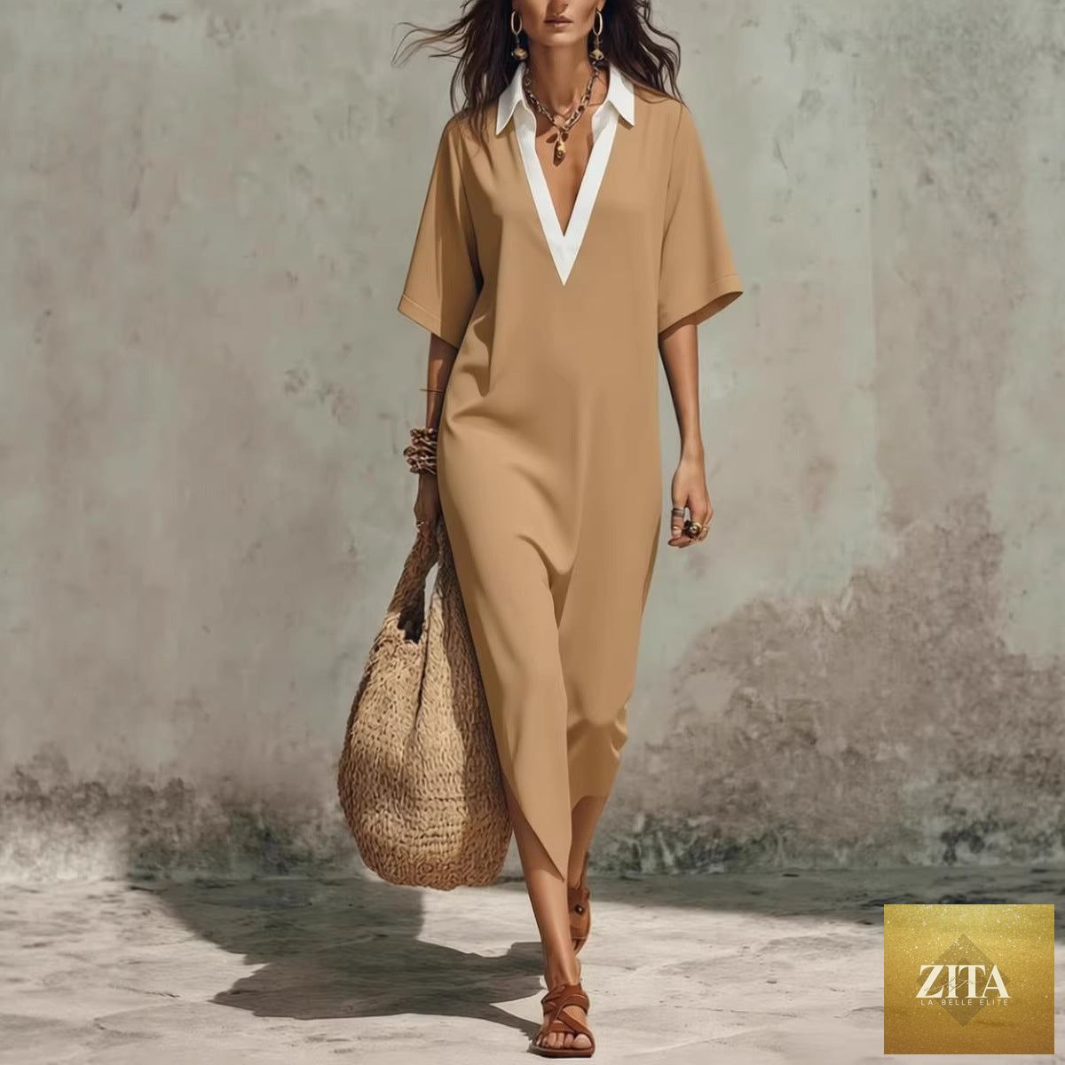 Women's linen midi dress with V-neck, cropped sleeves, and pockets, casualwear by FitiqueFit, shown in a light-colored fabric.