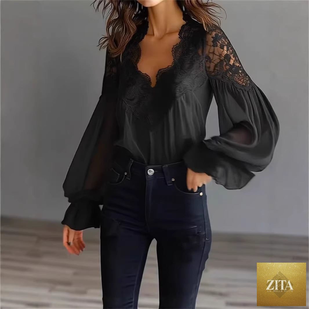 FitiqueFit lace-panel puff sleeve pleated ruffle ballet-style shirt, featuring delicate lace details and elegant puffed sleeves.