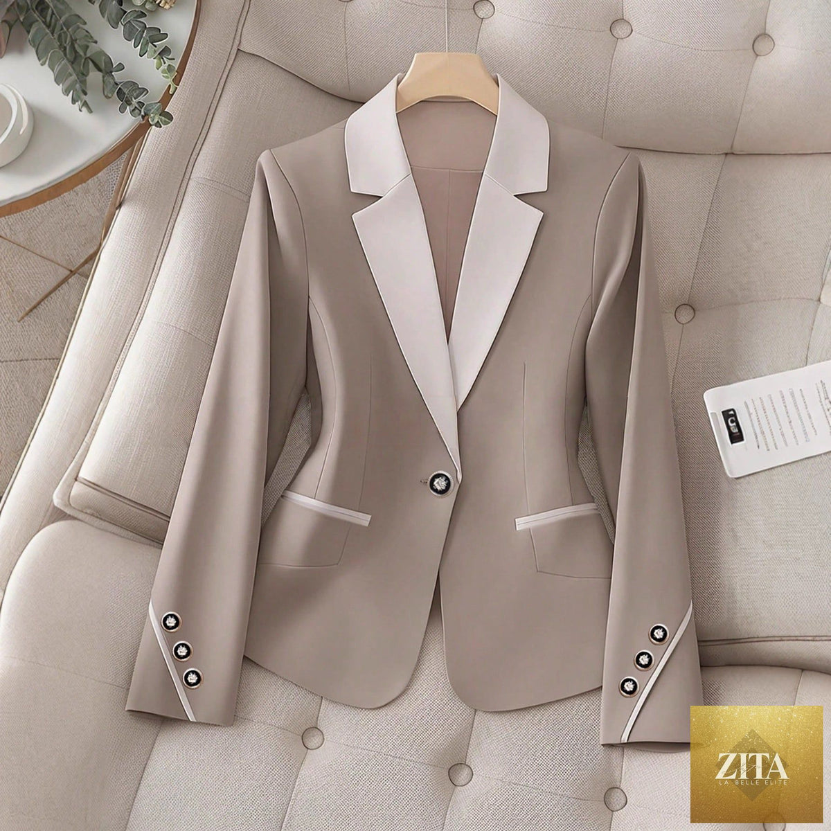 Women’s contrasting color blazer by FitiqueFit, elegant button formal jacket with tailored fit and stylish design.
