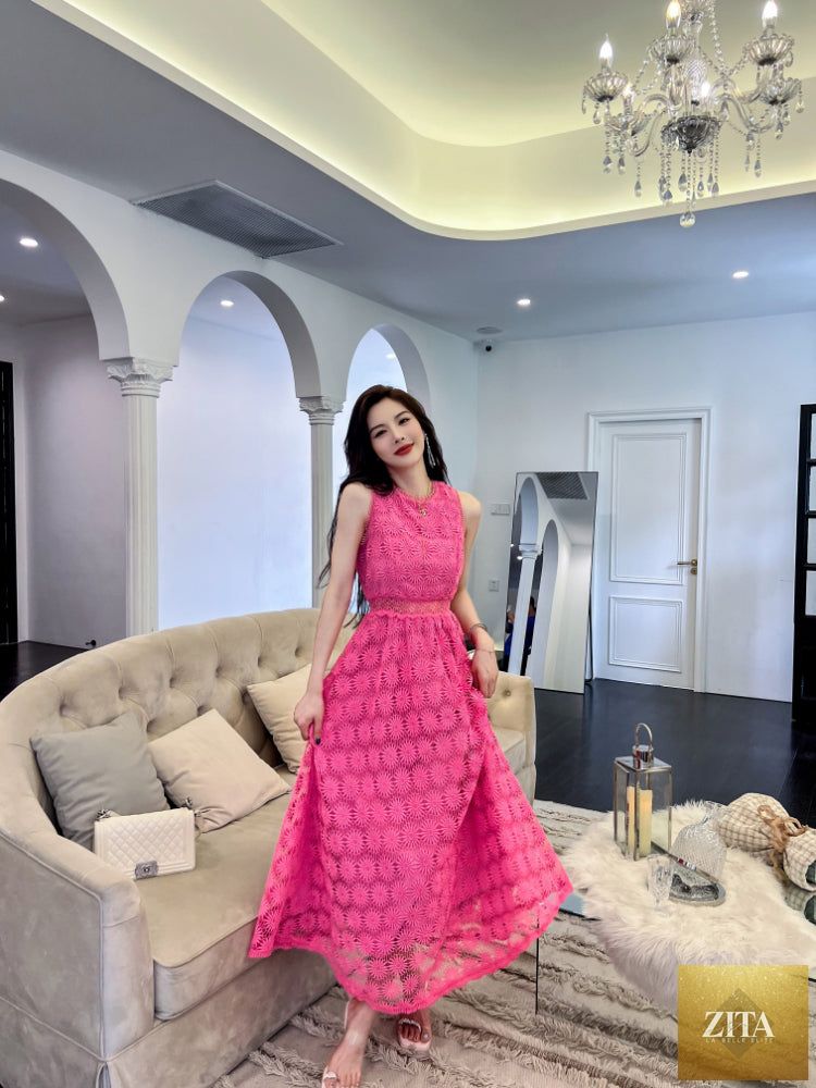 Zita La Belle Elite French Tea Break Long Hollow Out Dress in light fabric, shown from the front with detailed cutout design.
