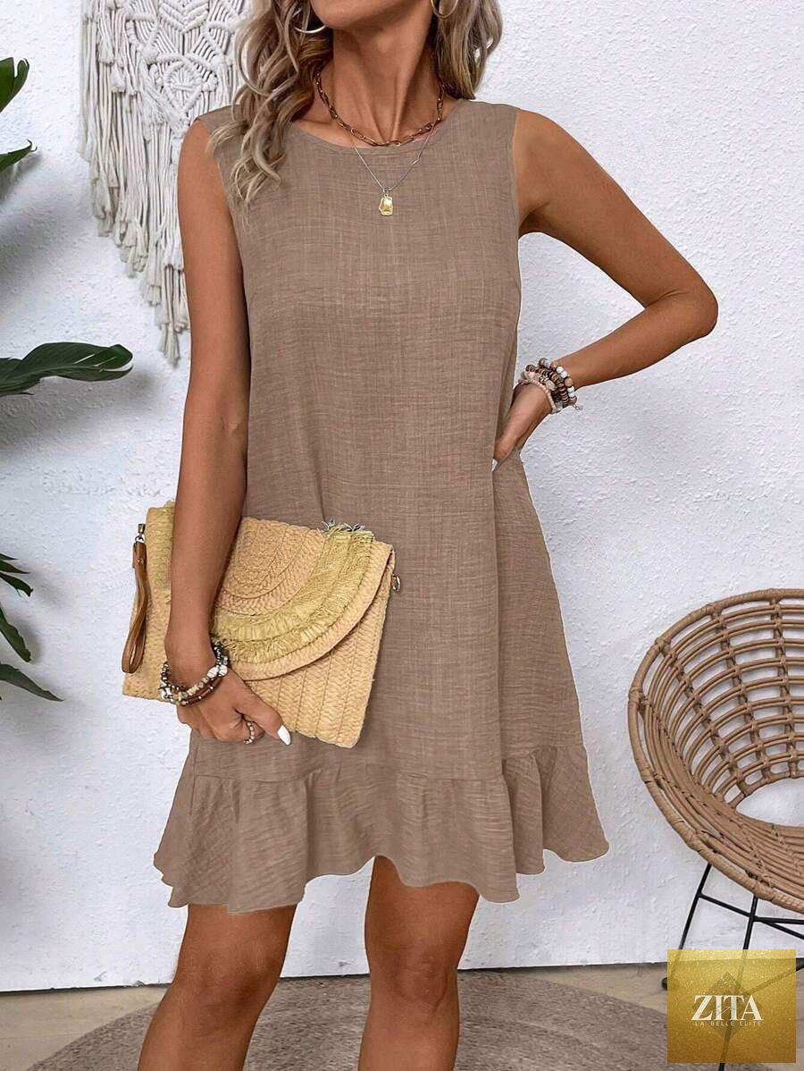 Women's ruffle lace-up mini dress by FitiqueFit, short sleeve loose beach dress with ruffle details and casual style.