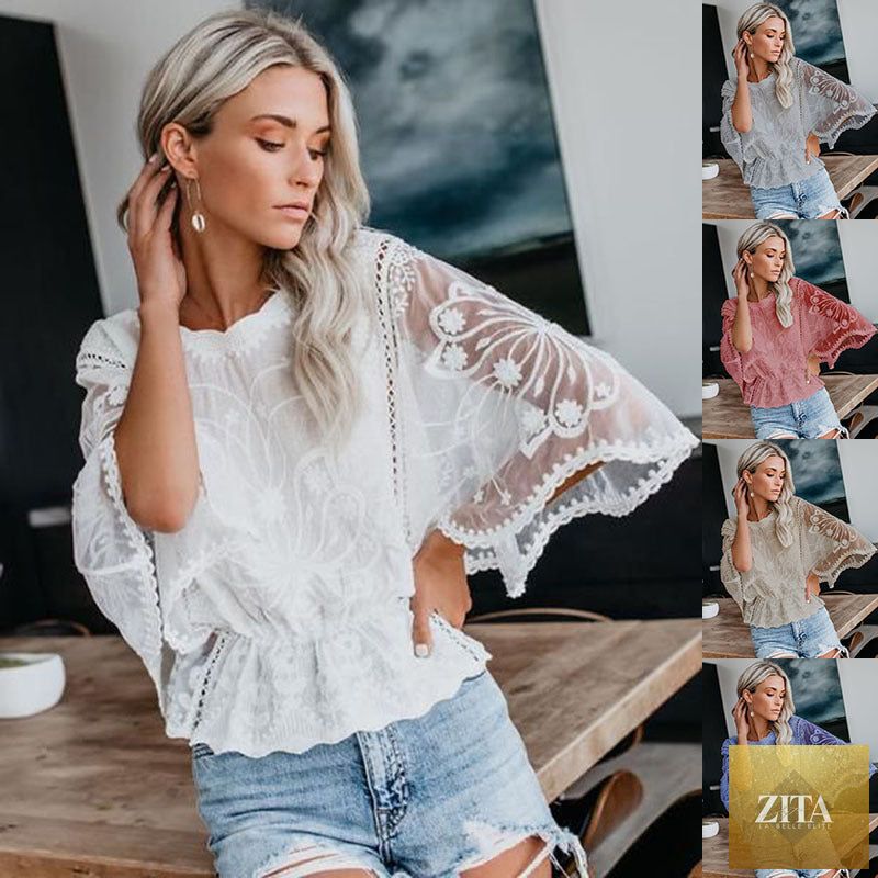 Women’s casual lace trim short sleeve batwing top by FitiqueFit, featuring delicate lace details and a relaxed fit.