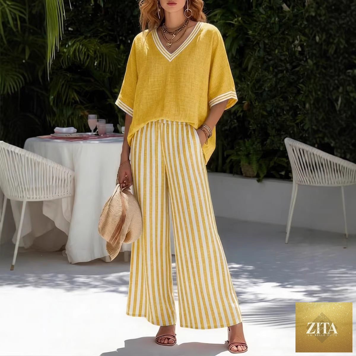 Zita La Belle Elite women's striped tunic top and casual trousers two-piece set, stylish and comfortable casualwear ensemble.