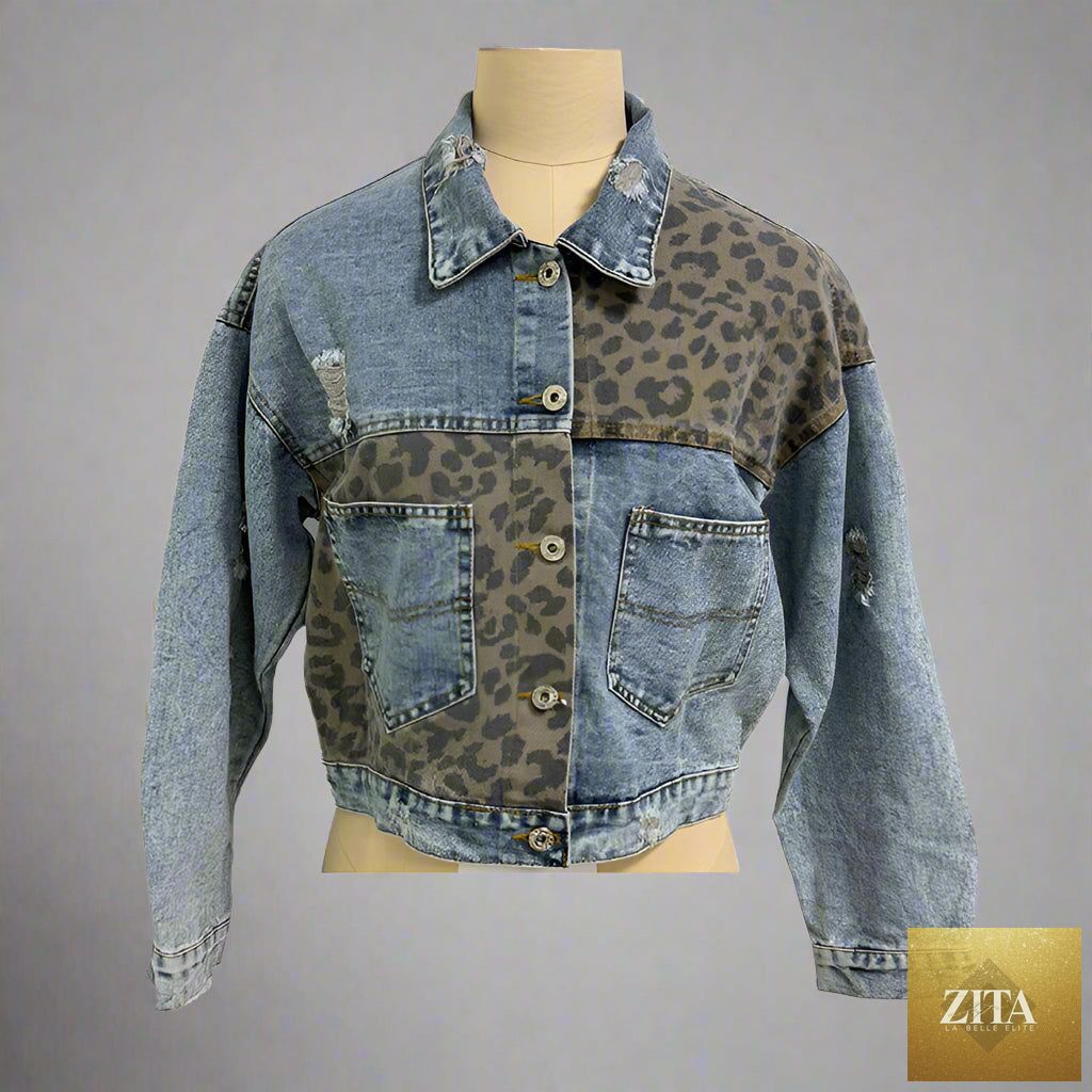 Women's distressed cropped denim jacket by FitiqueFit, casualwear style with ripped details and a fitted design.
