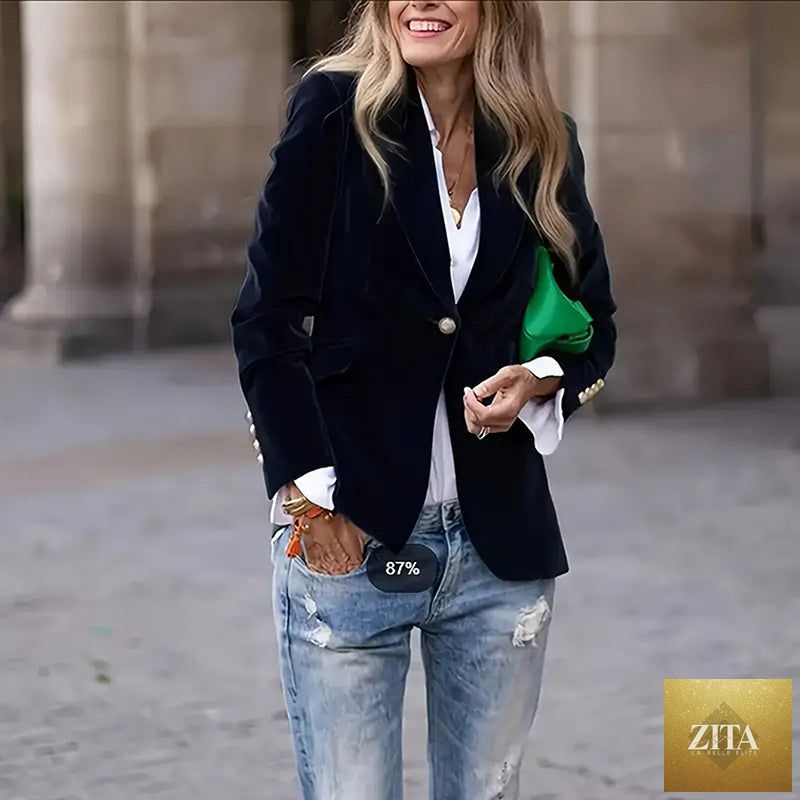 Women’s slim-fit notch-lapel blazer by FitiqueFit, casualwear style, shown in a tailored blazer with lapel collar and fitted silhouette.